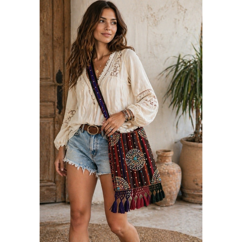 Large Boho Beaded Crossbody Bag Fringe Tassel Tribal Festival Embroidered